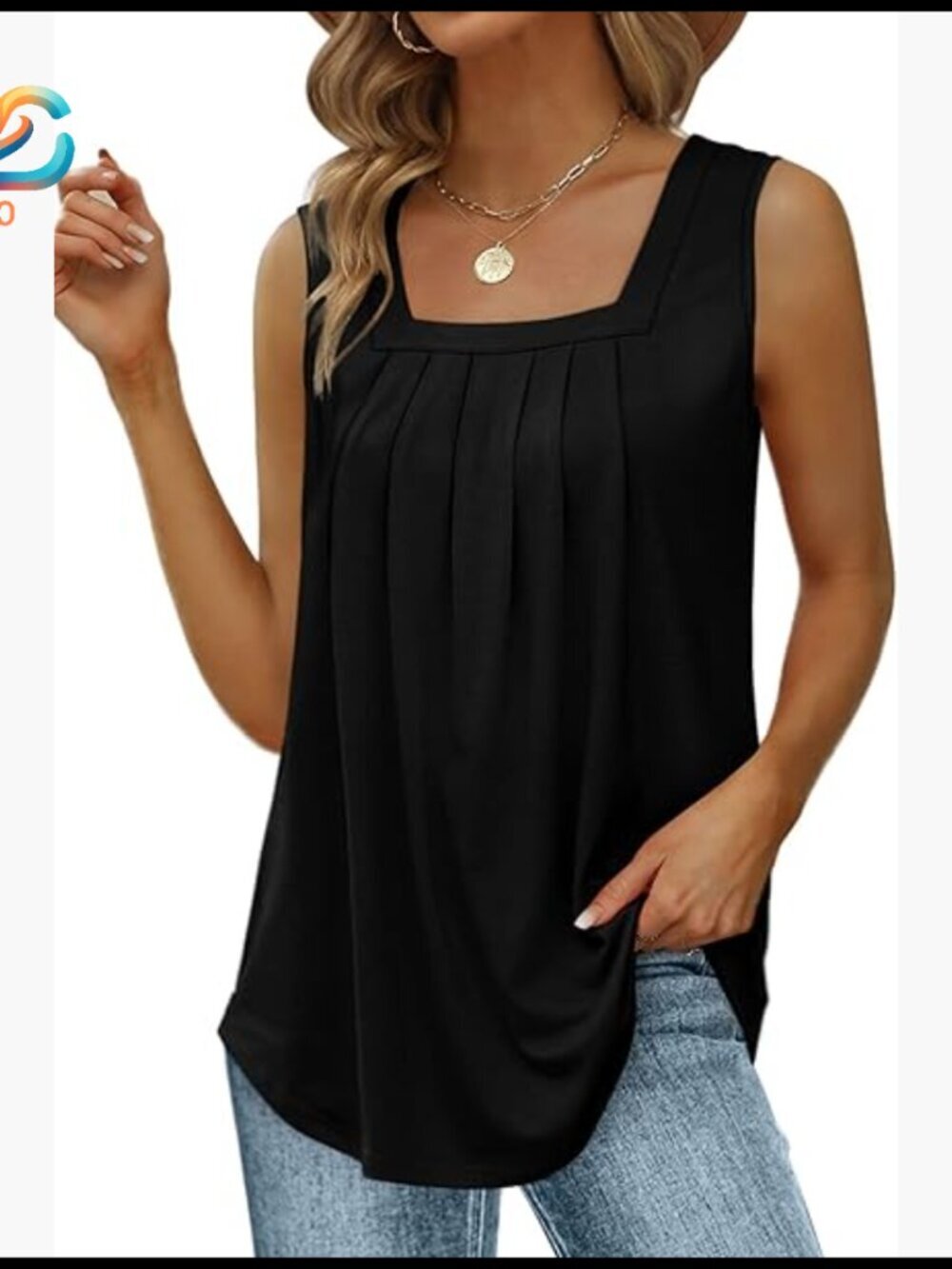 Summer Pleated Square Neck Tank Top Loose Fit Flowy Curved Hem Sleeveless